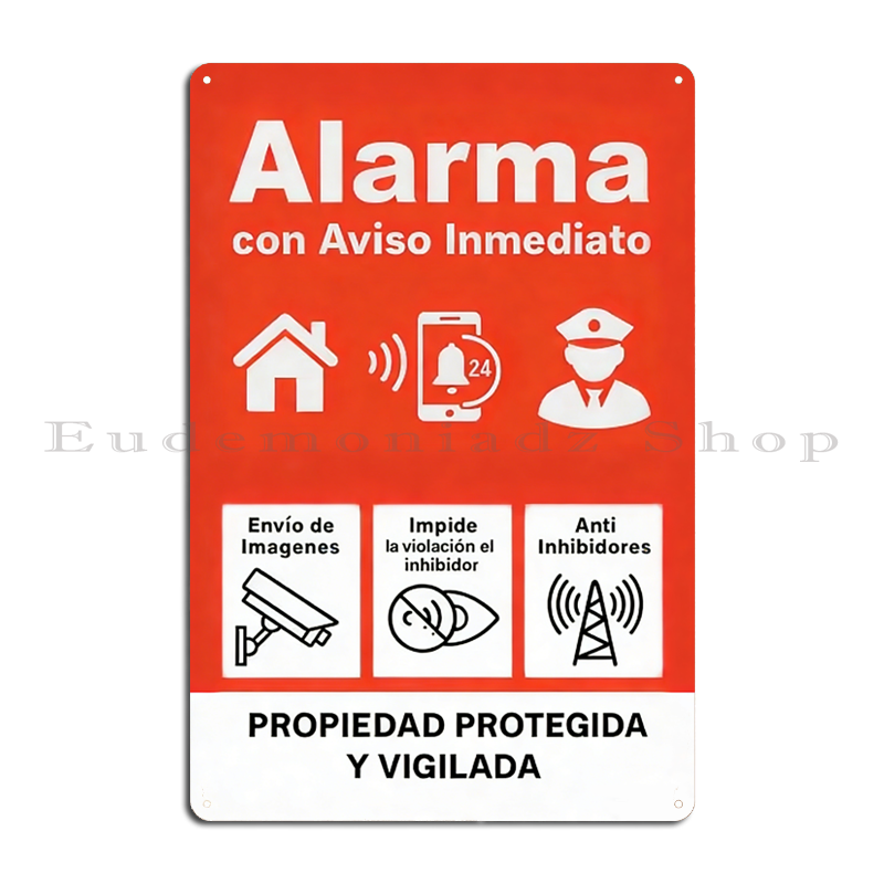 Home Security Upgrades - Retro 24-Stunden-Alarmsystem Metallschild Vintage Spanische Sicherheitsdekoration