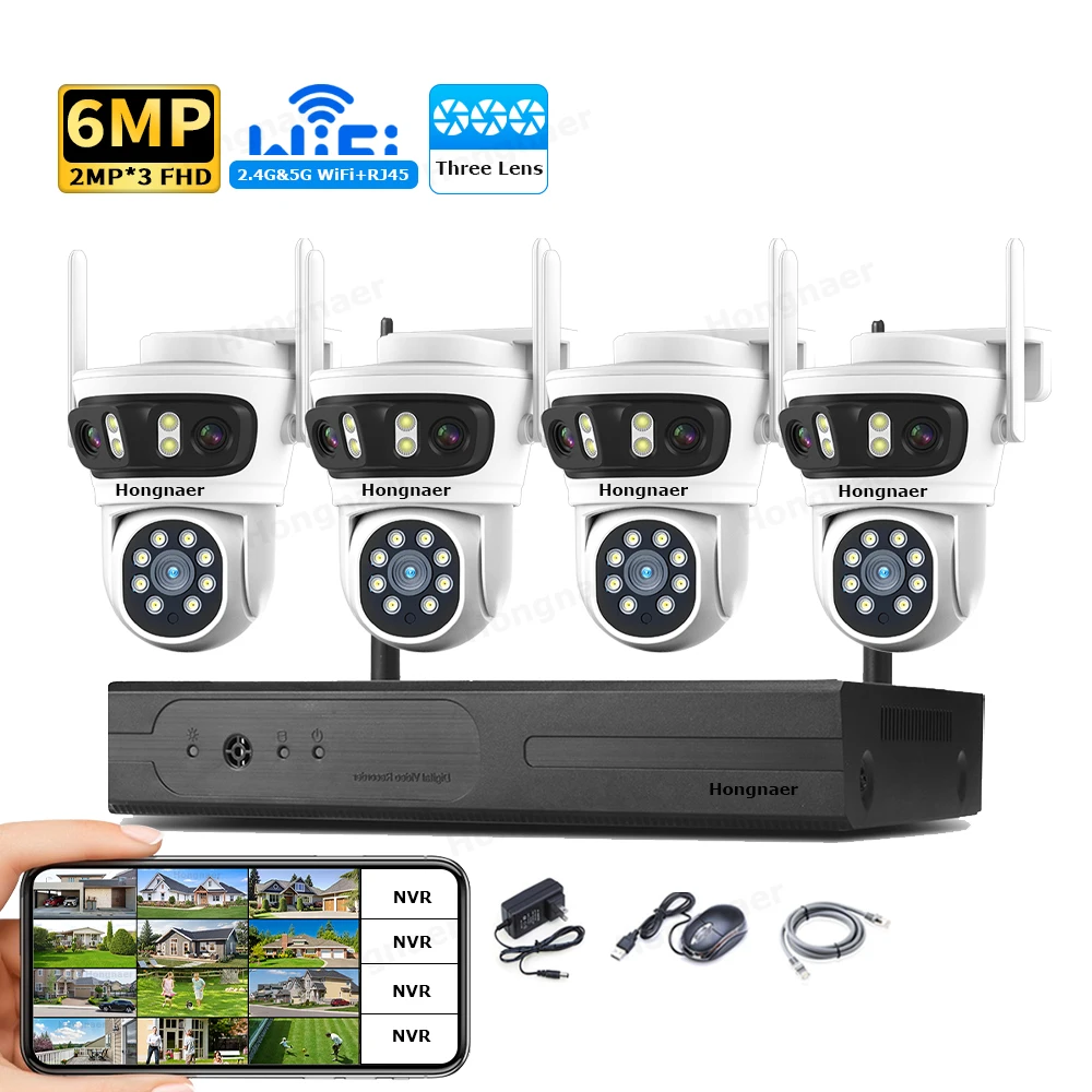 Home Security Wifi Camera - 2026 Hongnaer 6MP 4CH 3-Linsen 2.4G